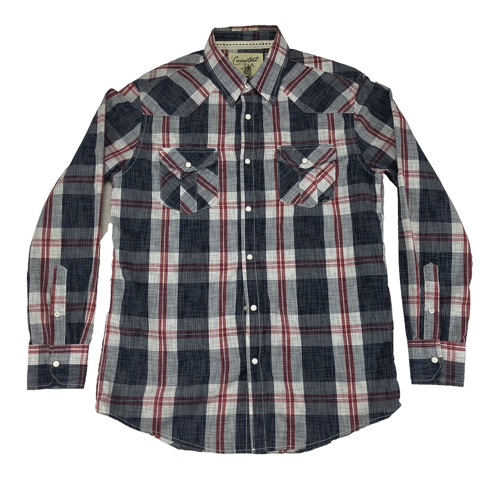 Coastal Men's M Medium Blue Red Plaid‎ Western Pearl Snap Long Sleeve Shirt